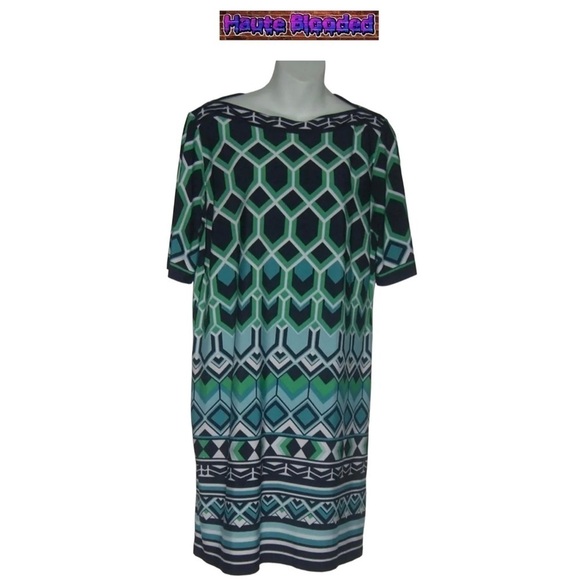 Signature Camrym Dress Scarf Print Geometric Turquoise Navy Sheath Petite 8 P - Picture 1 of 8